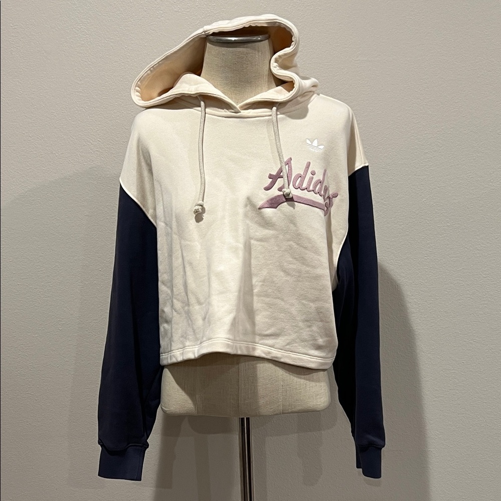 Adidas Women's Cream and Navy Cropped Sweatshirt